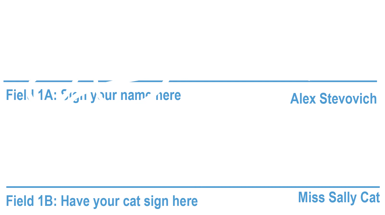 An odd government like form with a field signed by Alex Stevovich and another signed by Miss Sally Cat.