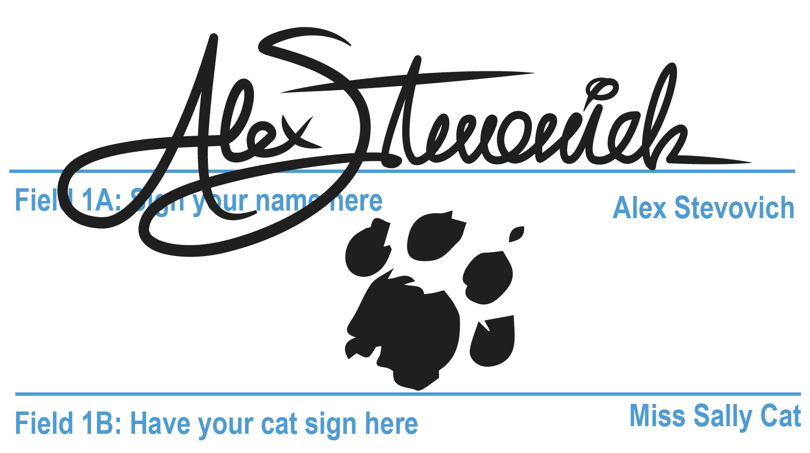 An odd government like form with a field signed by Alex Stevovich and another signed by Miss Sally Cat.