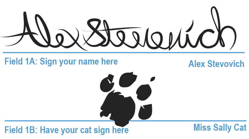 An odd government like form with a field signed by Alex Stevovich and another signed by Miss Sally Cat.