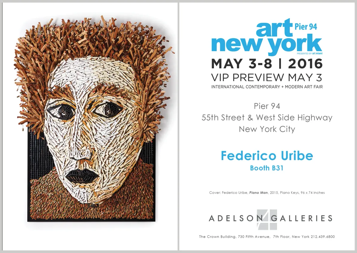 Exhibition takeaway card design featuring Federico Uribe's Piano Man
