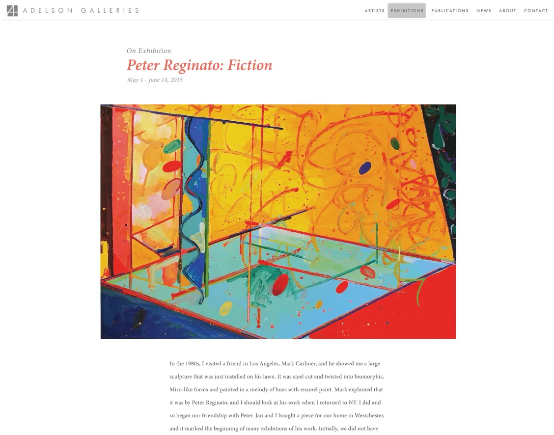 Adelson Galleries Web Current Exhibition Page (Peter Reginato), c. 2015