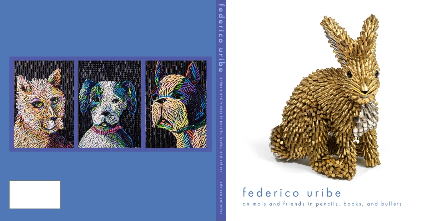 Federico Uribe: Animals and Friends in Pencils, Books, and Bullets exhibition catalogue, cover spread featuring the artwork of Federico Uribe