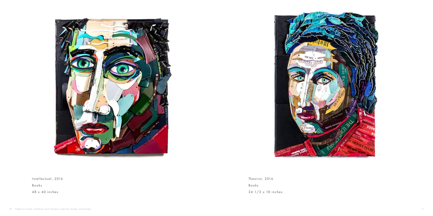 Federico Uribe: Animals and Friends in Pencils, Books, and Bullets exhibition catalogue, pages 10–11