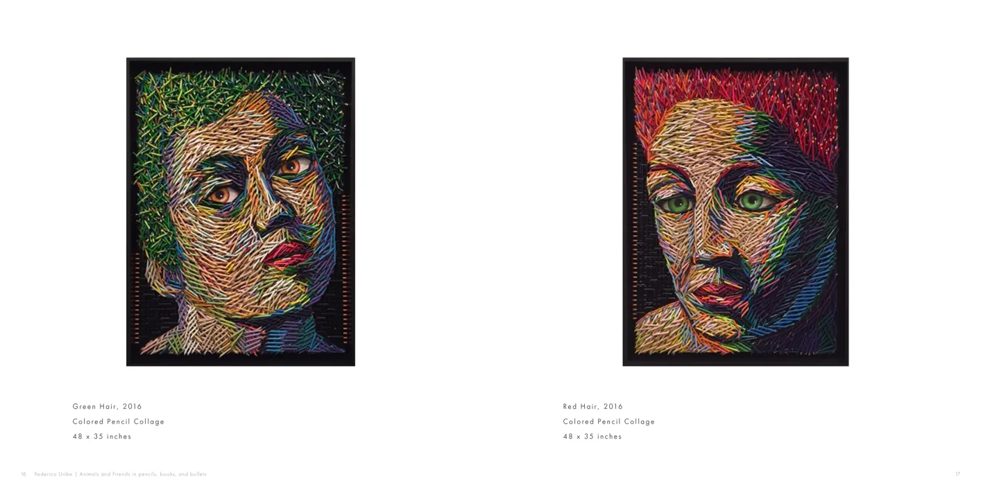 Federico Uribe: Animals and Friends in Pencils, Books, and Bullets exhibition catalogue, pages 16–17