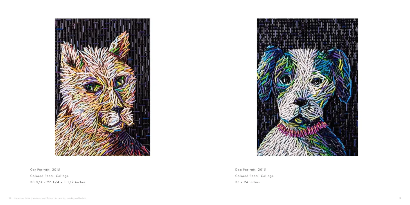 Federico Uribe: Animals and Friends in Pencils, Books, and Bullets exhibition catalogue, pages 18–19
