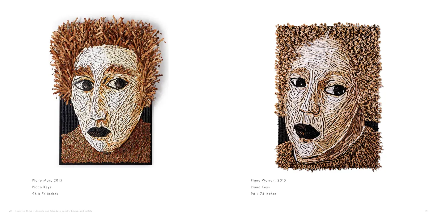 Federico Uribe: Animals and Friends in Pencils, Books, and Bullets exhibition catalogue, pages 20–21