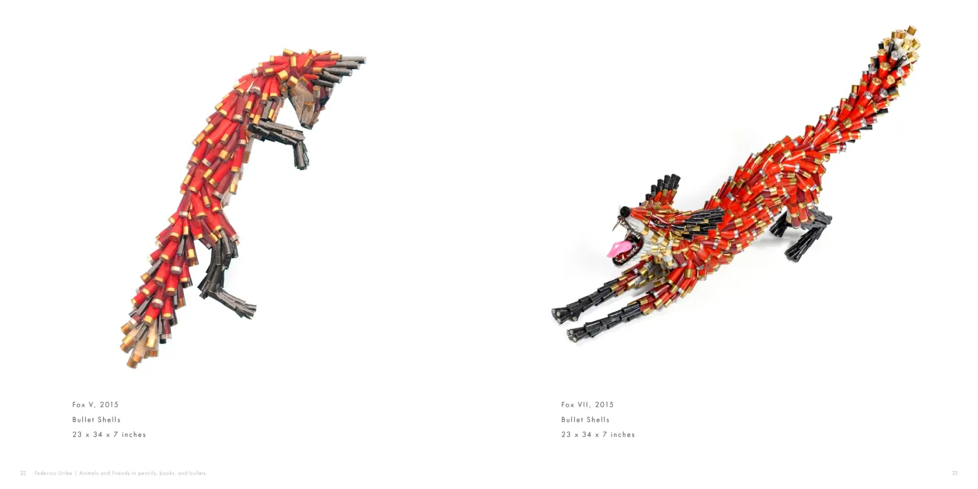 Federico Uribe: Animals and Friends in Pencils, Books, and Bullets exhibition catalogue, pages 22–23
