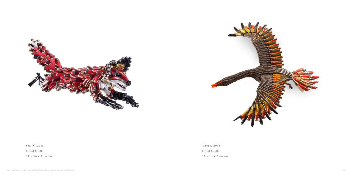 Federico Uribe: Animals and Friends in Pencils, Books, and Bullets exhibition catalogue, pages 24–25