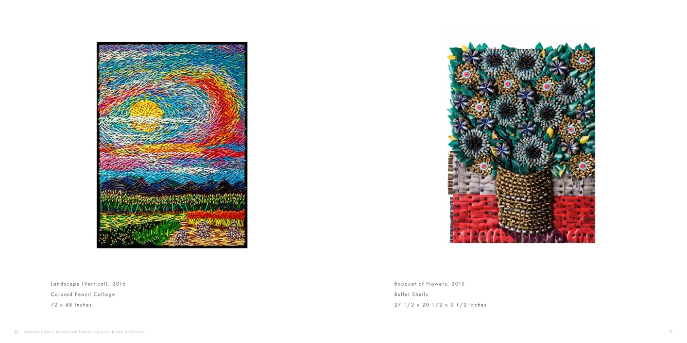 Federico Uribe: Animals and Friends in Pencils, Books, and Bullets exhibition catalogue, pages 30–31