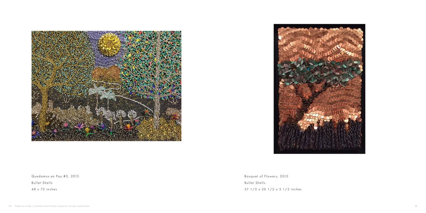 Federico Uribe: Animals and Friends in Pencils, Books, and Bullets exhibition catalogue, pages 34–35