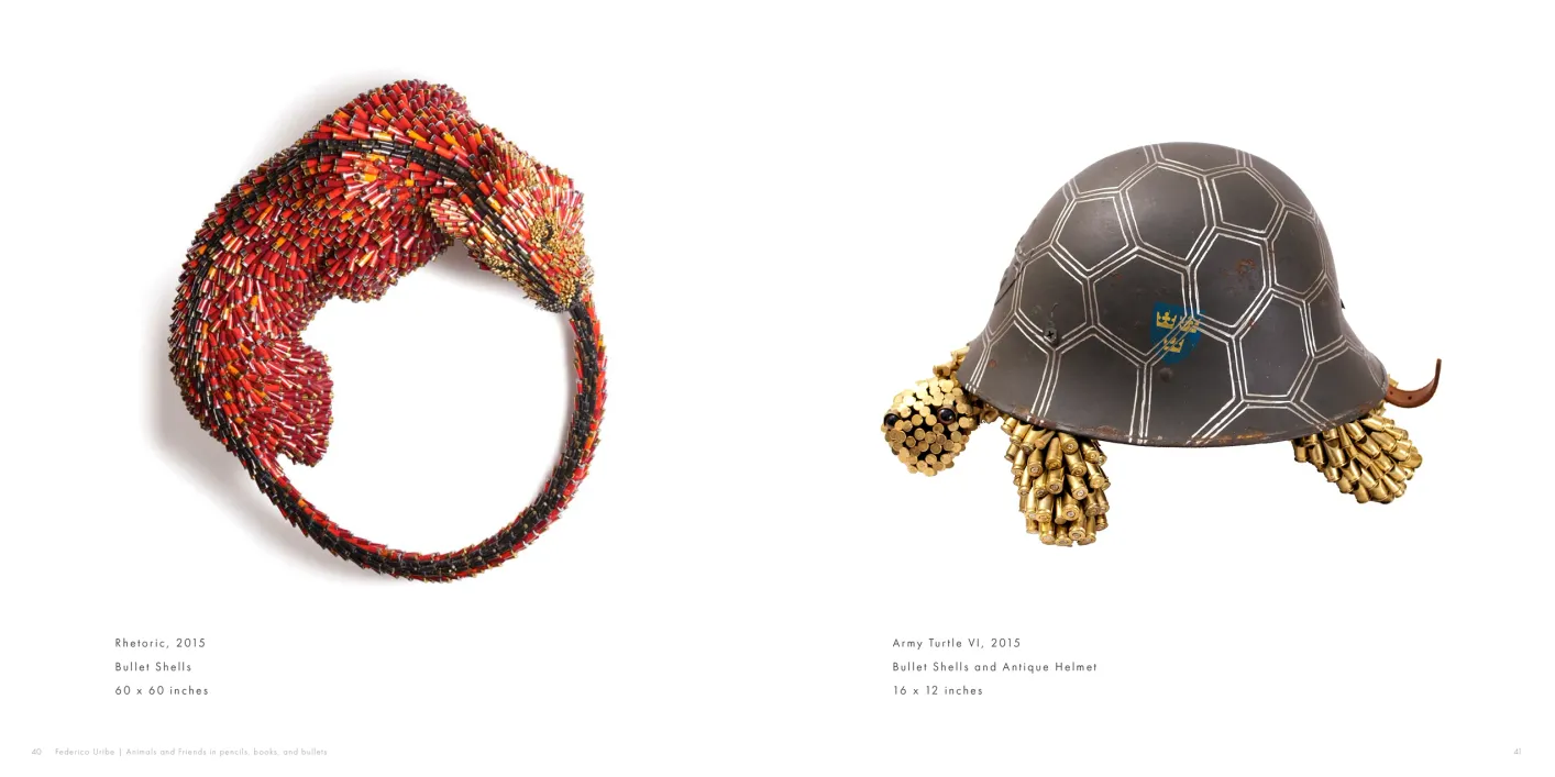 Federico Uribe: Animals and Friends in Pencils, Books, and Bullets exhibition catalogue, pages 40–41