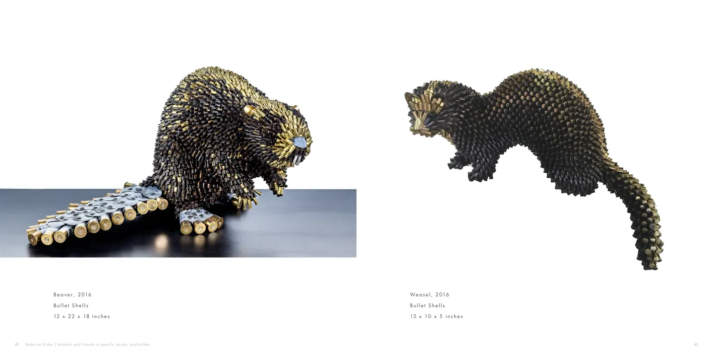 Federico Uribe: Animals and Friends in Pencils, Books, and Bullets exhibition catalogue, pages 42–43