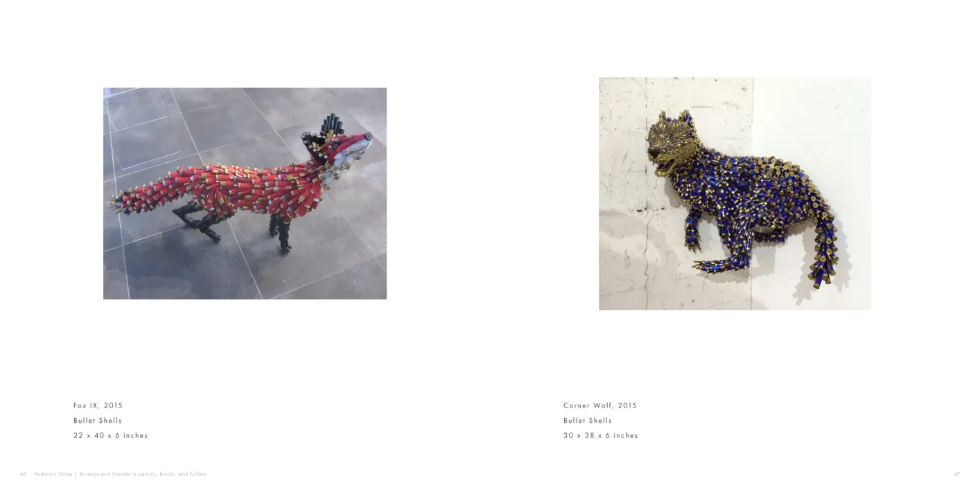 Federico Uribe: Animals and Friends in Pencils, Books, and Bullets exhibition catalogue, pages 46–47