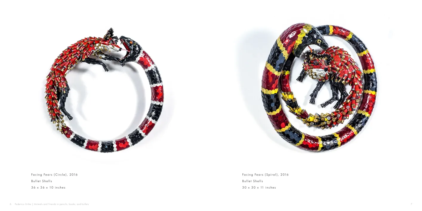 Federico Uribe: Animals and Friends in Pencils, Books, and Bullets exhibition catalogue, pages 6–7