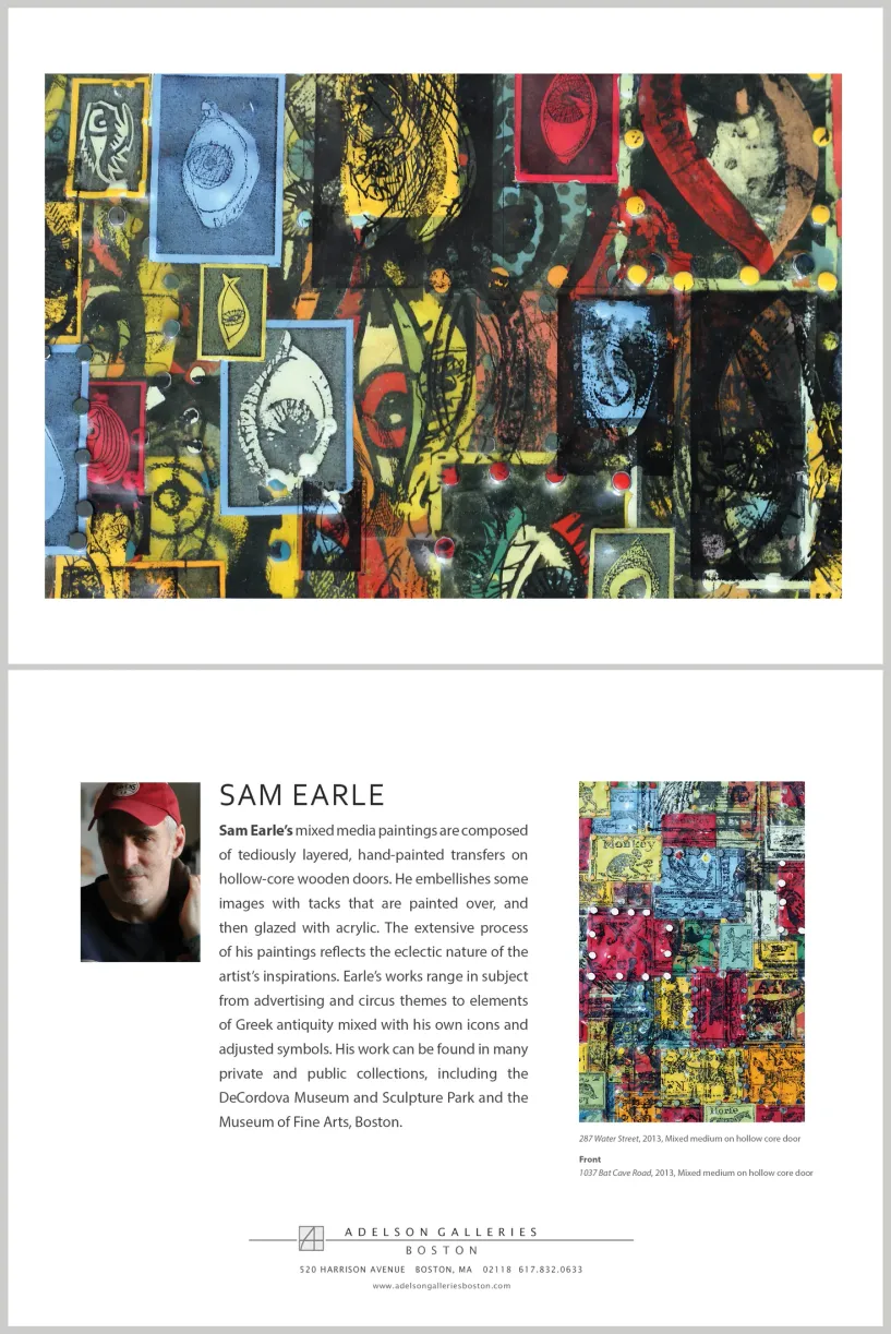 Artist biography takeaway card design for Sam Earle