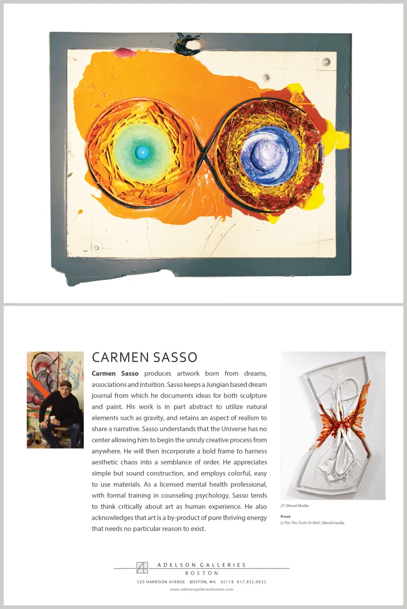 Artist biography takeaway card design for Carmen Sasso