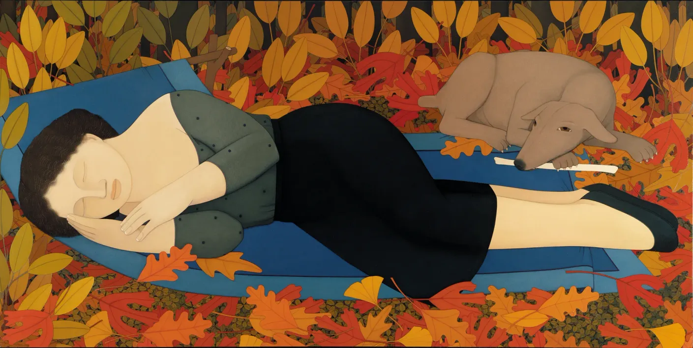 The oil painting Woman with Autumn Leaves by Andrew Stevovich
